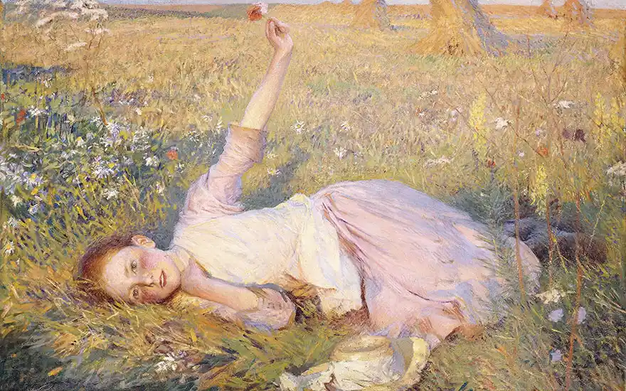 painting of woman lying the grass with a flower in her hand