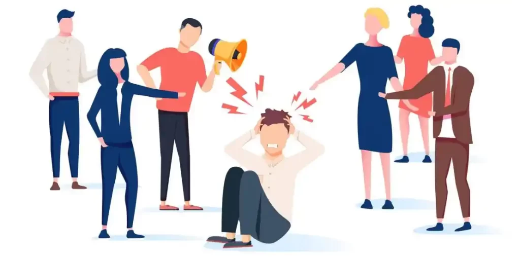 animated image of person sitting and surrounded by other people shouting at them