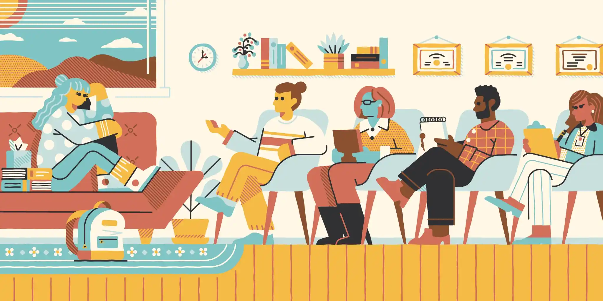 animated image of person in therapy with four therapists