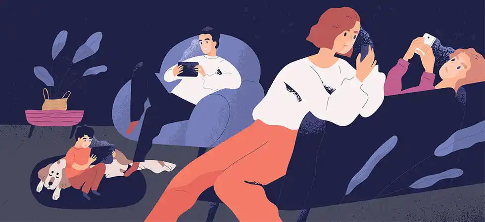 animated image of whole family sitting around on their cellphones