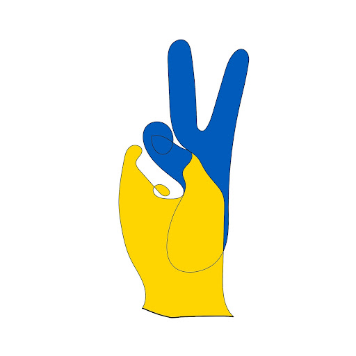 hand coloured in Ukrainian flag colours showing peace sign