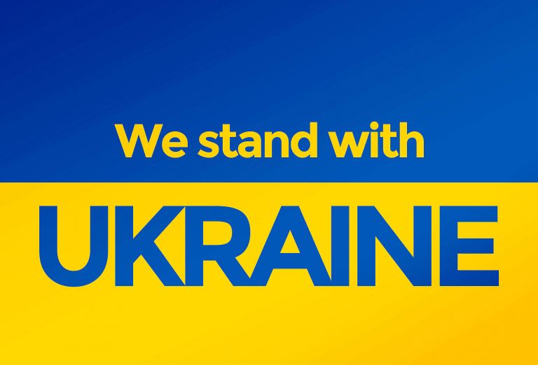 Ukrainian flag with text we stand with Ukraine