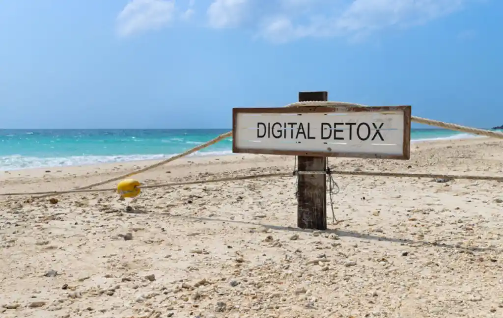 Sign on beach with text saying digital detox