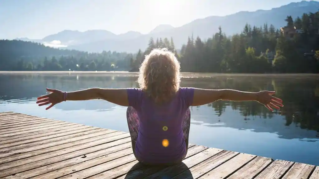 silhouette of woman sitting on a pier with her arms open looking at the mountains, forest and sun