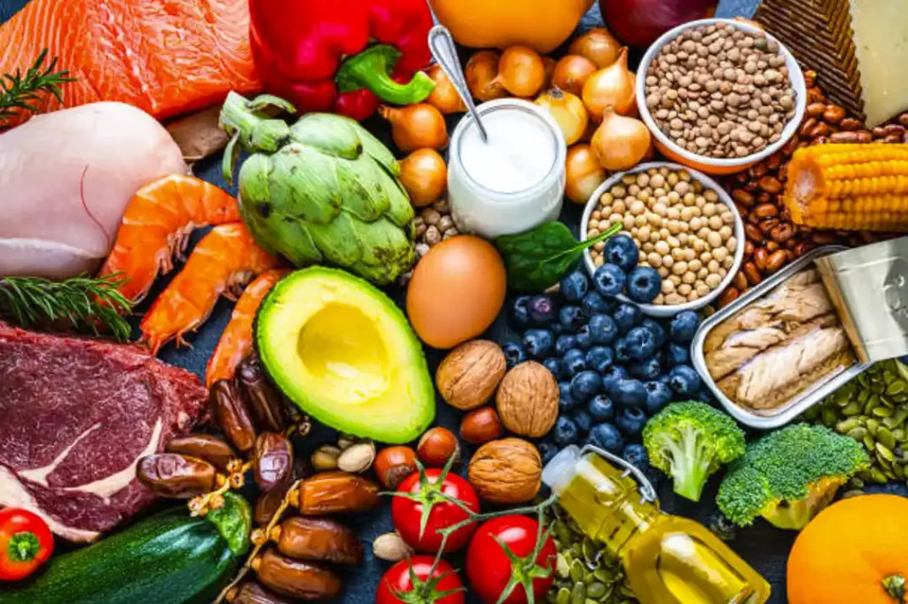 healthy vegetables, nuts, meat, fish