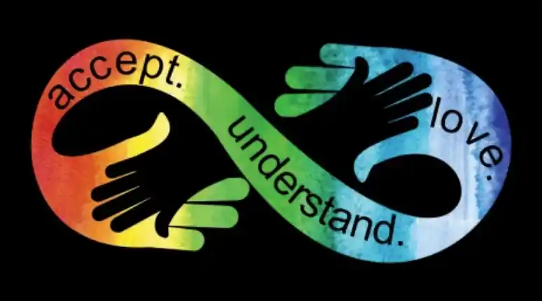 infinity symbol with hands shaking and text saying accept understand love