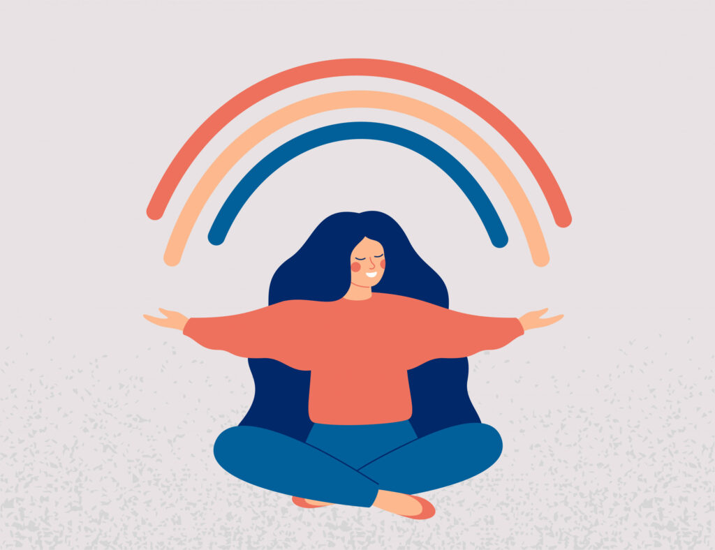 animated image of a woman sitting under a rainbow with arms stretched out looking happy