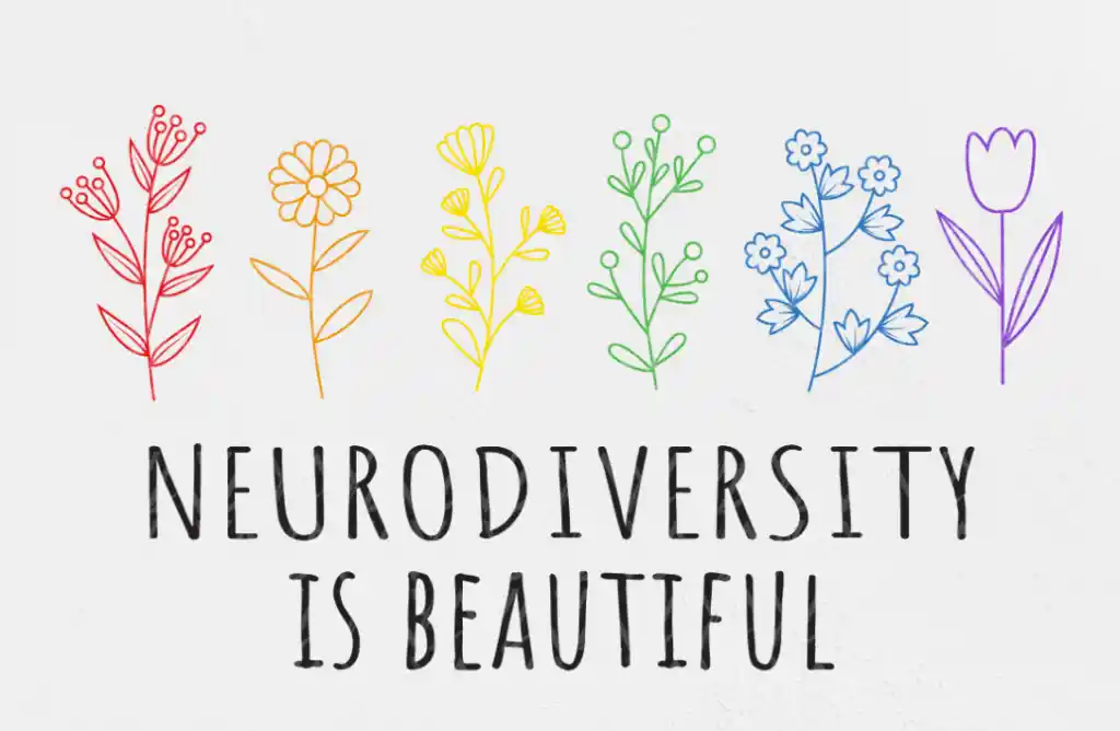 animated image with different colour flowers and text saying neurodiversity is beautiful