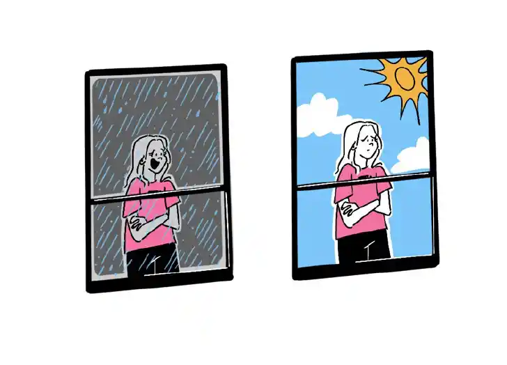 animated image of two windows, one has a person standing in the dark and one has a person standing in the sunlight