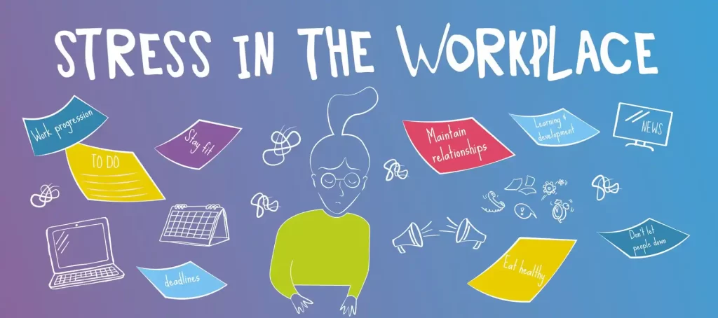 animated image with text saying stress in the workplace