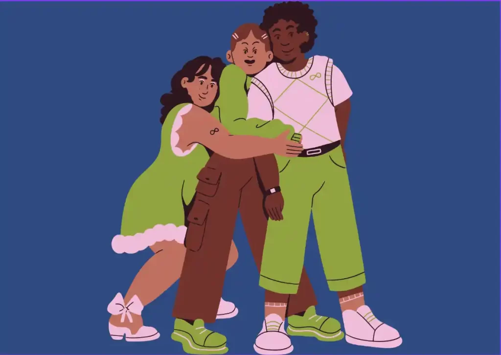 animated image of three people holding each other