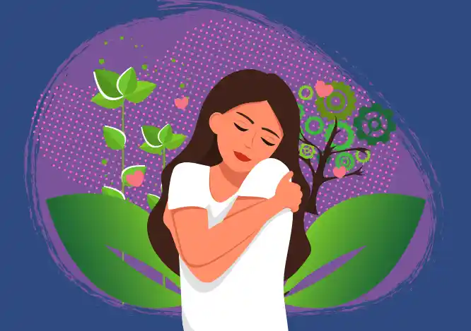 animated image of woman hugging herself and flowers and leaves in the background
