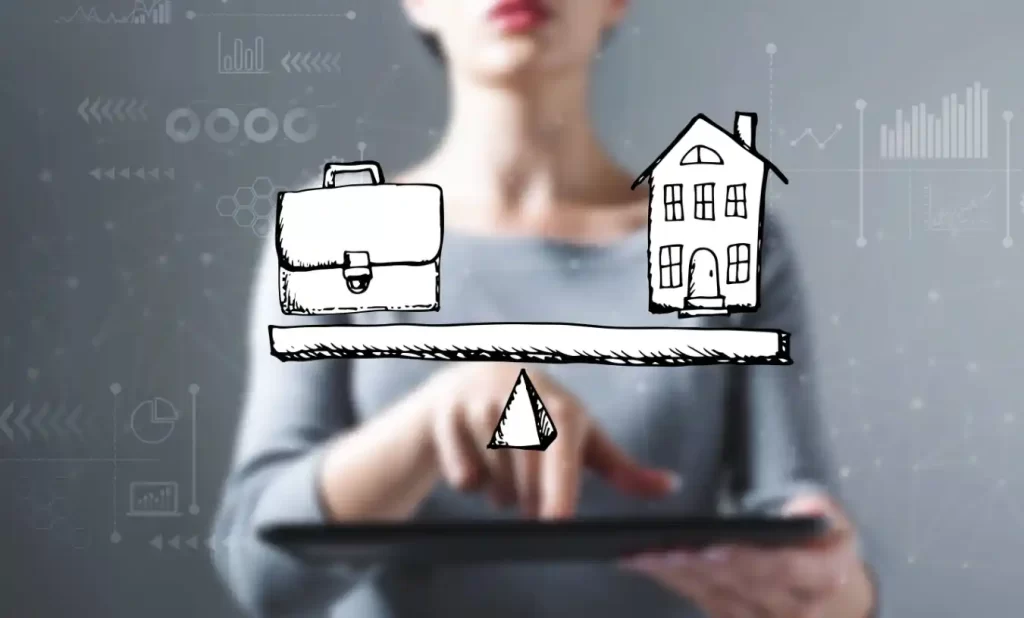 woman with scale that has a house on the one side and a suitcase on the other side