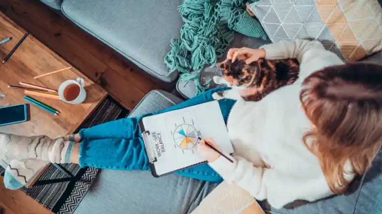 women sitting on sofa with a cat working on a work life balance graph