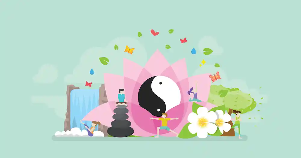 animated image with yin-yang flowers and someone sitting on rocks