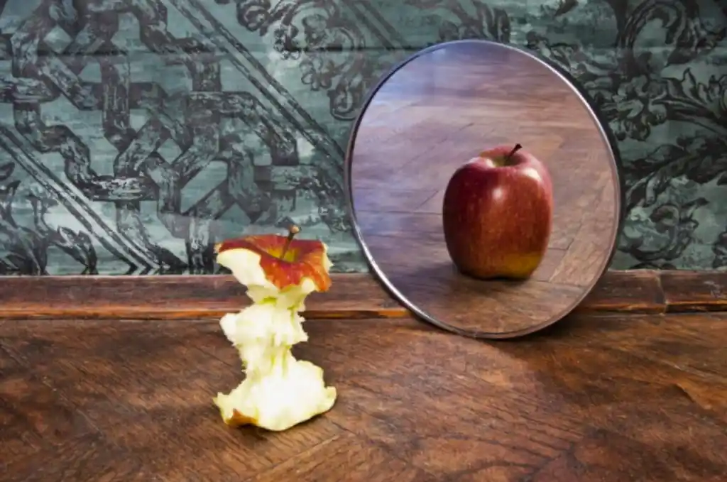 eaten apple seeing itself in a mirror as a full round apple