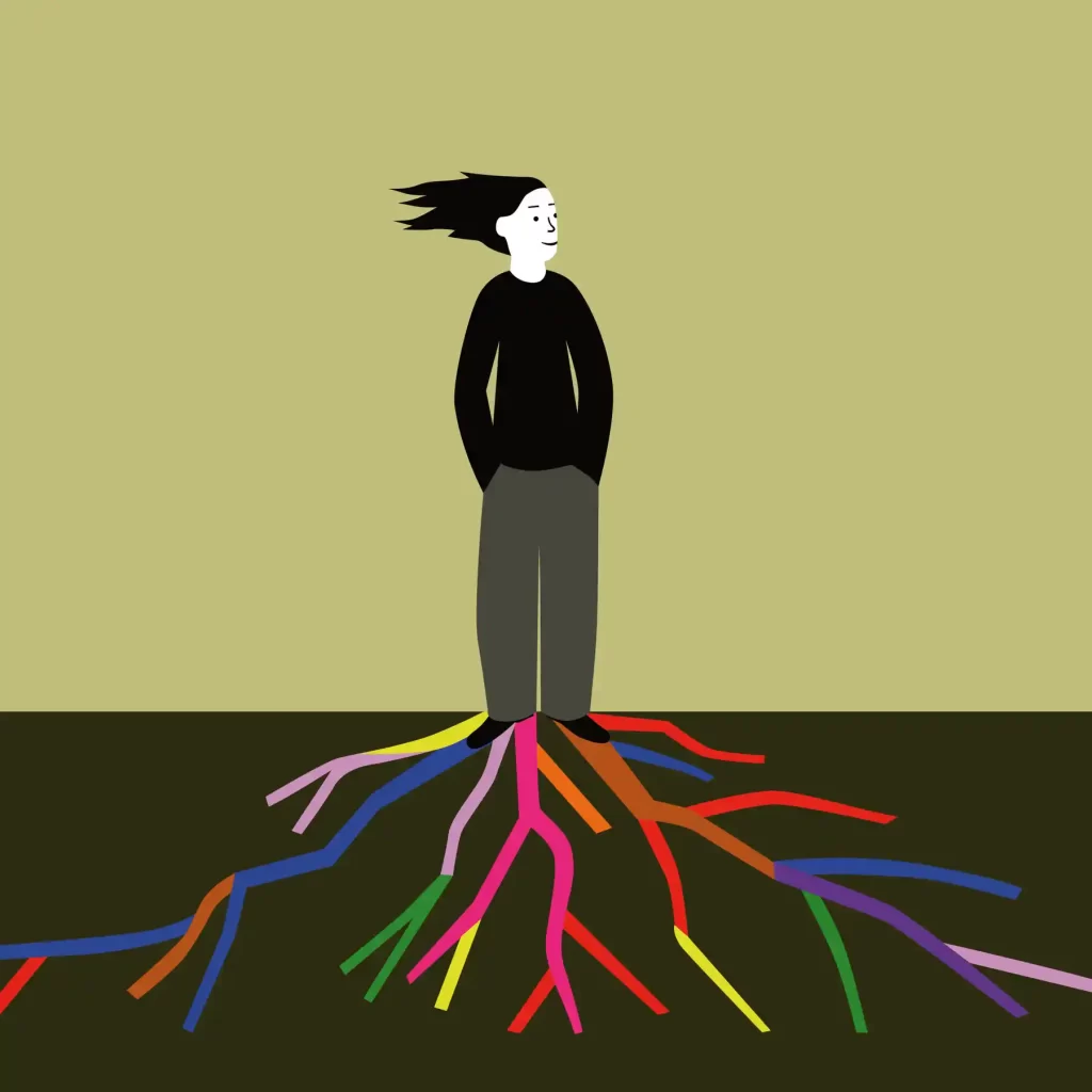 animated image of person with roots growing out of their feet