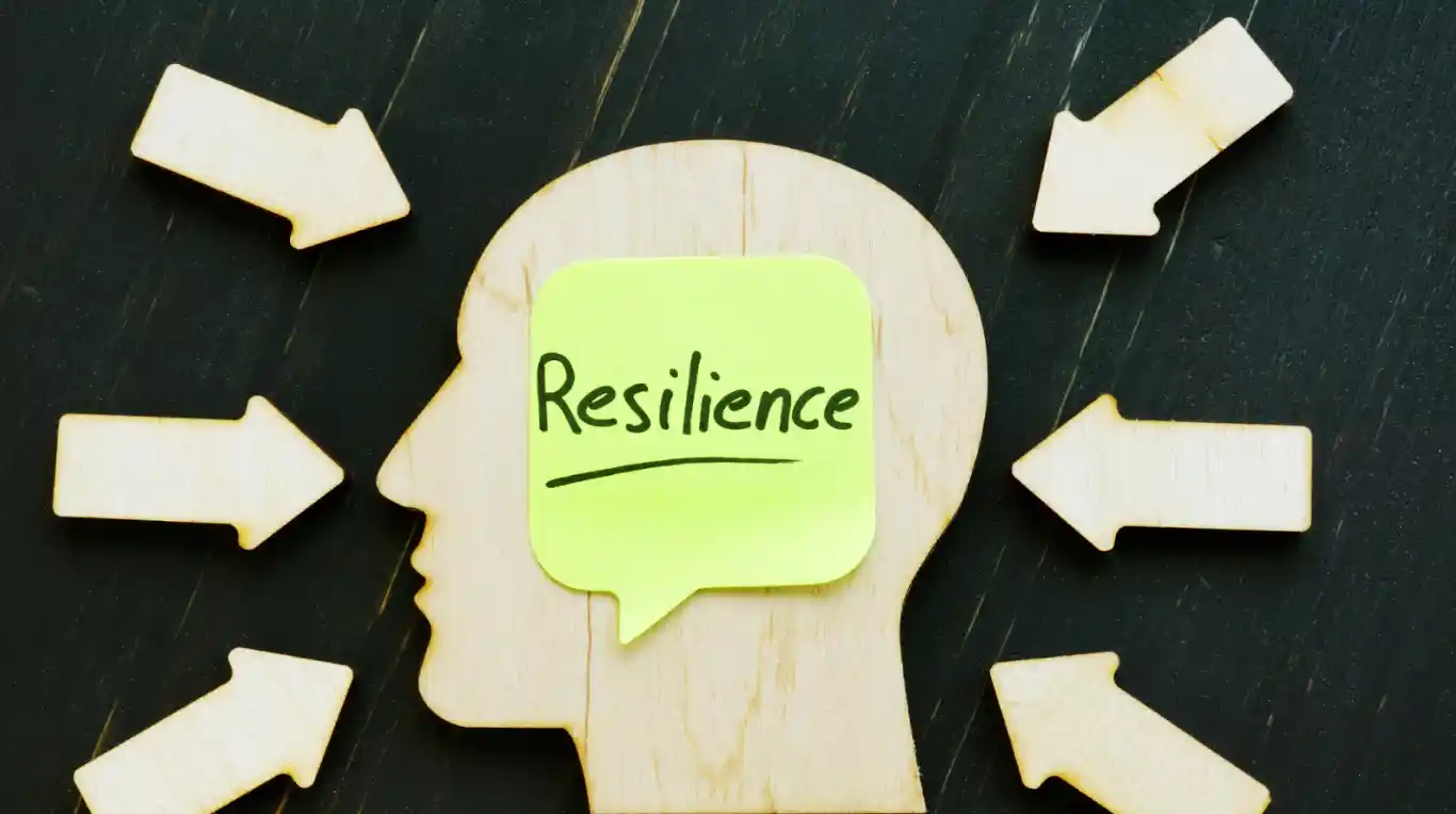 illustrated image of a head with arrows pointing towards it and a note with text resilience
