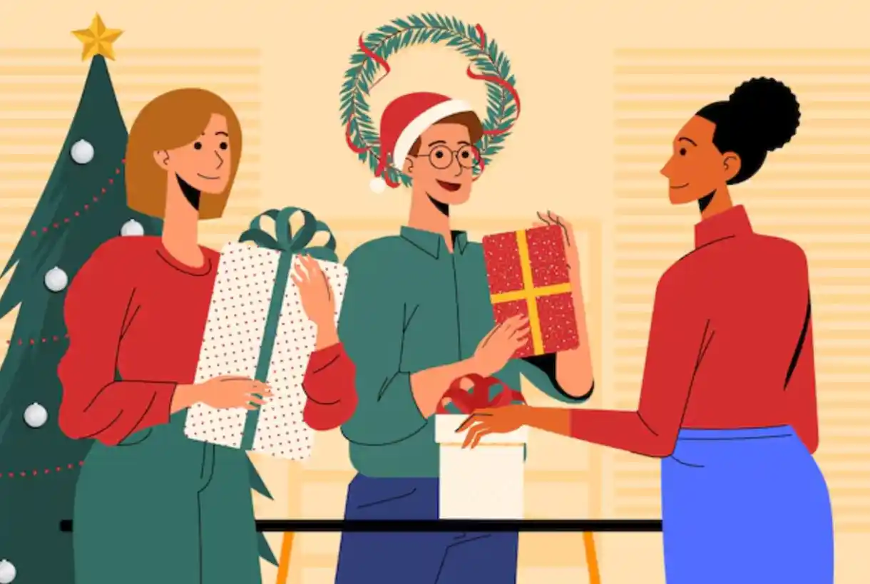 animated image of people giving each other gifts at christmas
