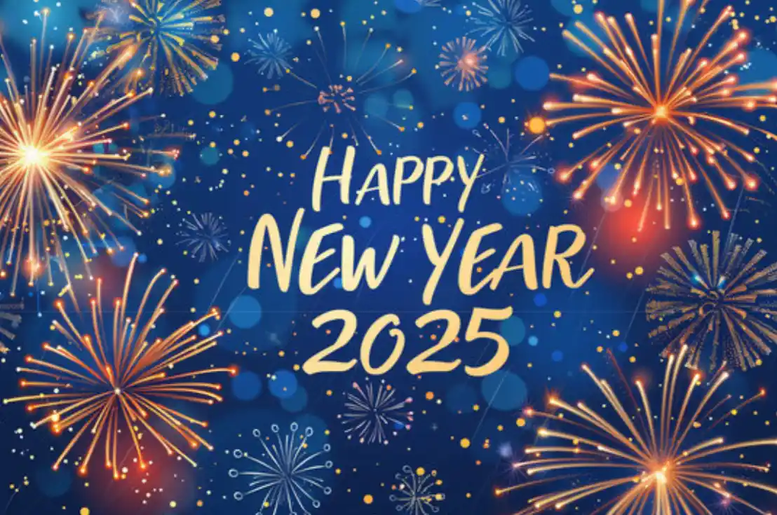 fireworks and text saying happy new year 2025