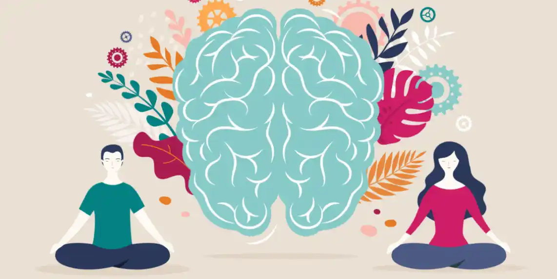 animated image of two people sitting and meditaing with a giant brain inbetween them