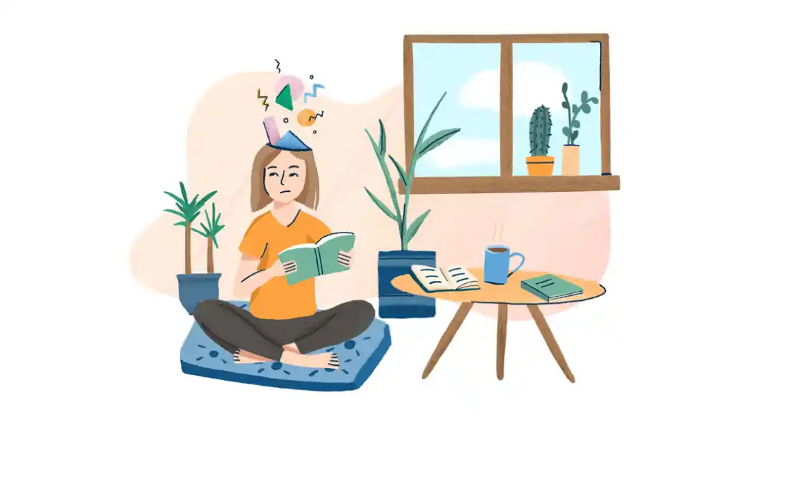 animated image of a person sitting on a cushion on the floor with a book and the mind exploding
