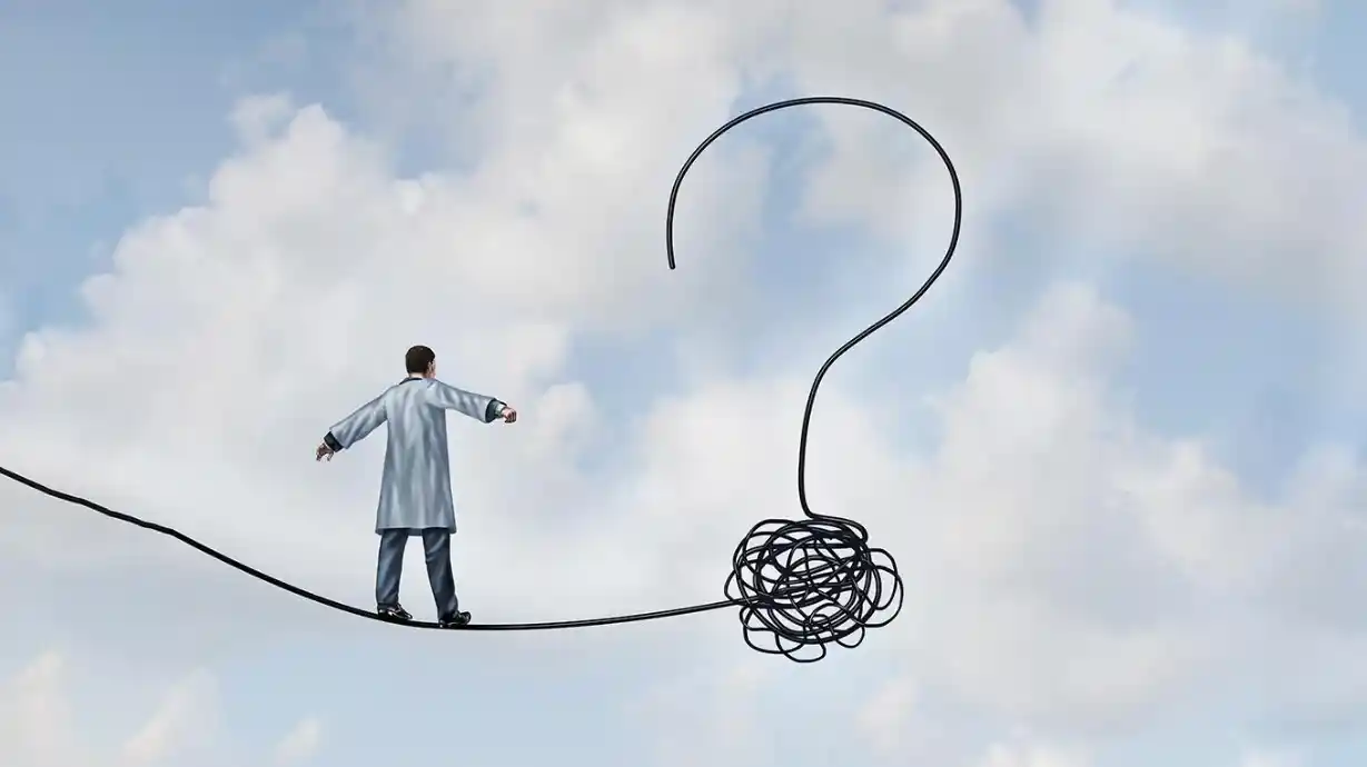 man standing on string ending with a question mark in the sky