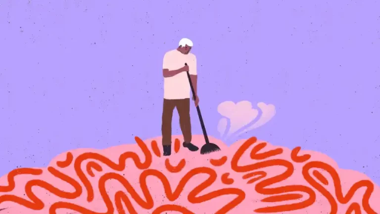 Man with a broom cleaning a brain